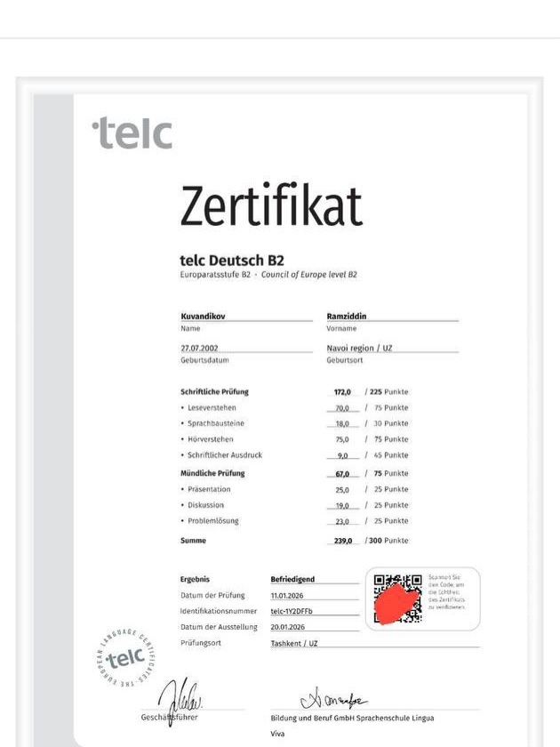 Купить легальный сертификат TELC B2 онлайн в России